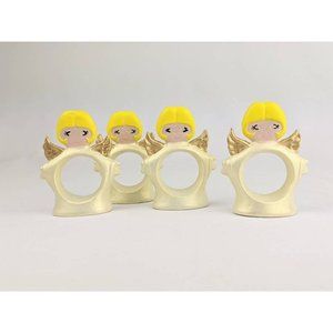 Set of 4 Hand Painted Ceramic Angel Napkin Holder Rings Vintage 1970s Cherubs